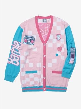 Barbie Pink & Blue Checker Knit Cardigan with Patches